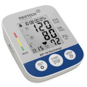 MEDTECH BP18 Recharge – Rechargeable BP Monitoring Machine – Fully Automatic Digital Blood Pressure Device with Smart MDD Technology – Arm Size – 22-42cm Brand MEDTECH Included Components 1 USB Cable, User Manual, Medtech Blood Pressure Monitor BP 18 Recharge, Velvet Bag, Adjustable Cuff (22-42cm)1 USB Cable, User Manual, Medtech Blood Pressure Monitor BP 18 Recharge, Velvet Bag, Adjustable Cuff (22-42cm) Power Source Battery Powered Item Weight 500 Grams Model Name BP18 Recharge About this item With Li lon Battery Large High Definition LCD digital Display Dual Memory: 90X2 groups (double users) Fully automatic inflation and deflation Made in India