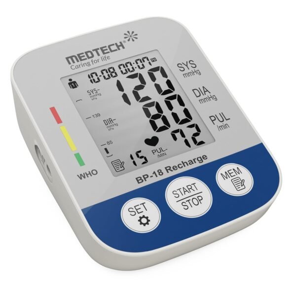 MEDTECH BP18 Recharge - Rechargeable BP Monitoring Machine - Fully Automatic Digital Blood Pressure Device with Smart MDD Technology - Arm Size - 22-42cm Brand	MEDTECH Included Components	1 USB Cable, User Manual, Medtech Blood Pressure Monitor BP 18 Recharge, Velvet Bag, Adjustable Cuff (22-42cm)1 USB Cable, User Manual, Medtech Blood Pressure Monitor BP 18 Recharge, Velvet Bag, Adjustable Cuff (22-42cm) Power Source	Battery Powered Item Weight	500 Grams Model Name	BP18 Recharge About this item With Li lon Battery Large High Definition LCD digital Display Dual Memory: 90X2 groups (double users) Fully automatic inflation and deflation Made in India